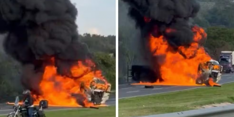 Caminhão tomba, pega fogo e interdita totalmente a Rodovia dos Bandeirantes em Jundiaí