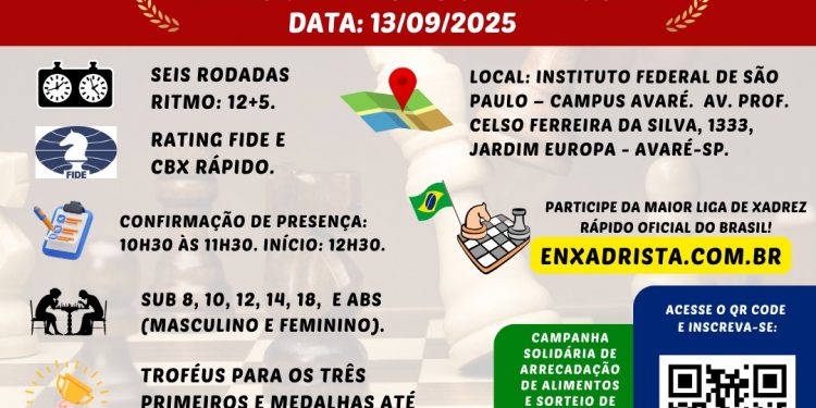 Avaré-SP sedia a 21ª Etapa da Liga do Enxadrista com Torneio Válido para Rating FIDE Rápido