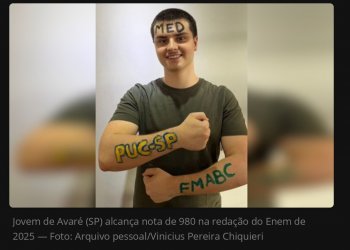 Jovem de 18 anos estuda mais de dez horas por dia e alcança nota 980 na redação do Enem: ‘Frutos da dedicação’, diz Vinicius Chiquieri, natural de Avaré (SP), se mudou para a capital paulista, onde iniciou um curso preparatório particular para vestibulares. Atualmente, ele está matriculado no curso de medicina em uma universidade de São Paulo.
