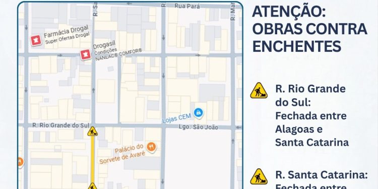 OBRAS *Rio Grande do Sul é temporariamente fechada para obras contra enchentes*  _SABESP está no local fazendo mudança de tubulação, etapa necessária para que o empreendimento tenha continuidade